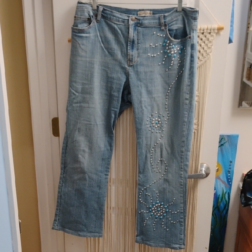 Light Wash Boot Cut Jeans with Silver/ Turquoise Rhinestone Floral Detail - Blue